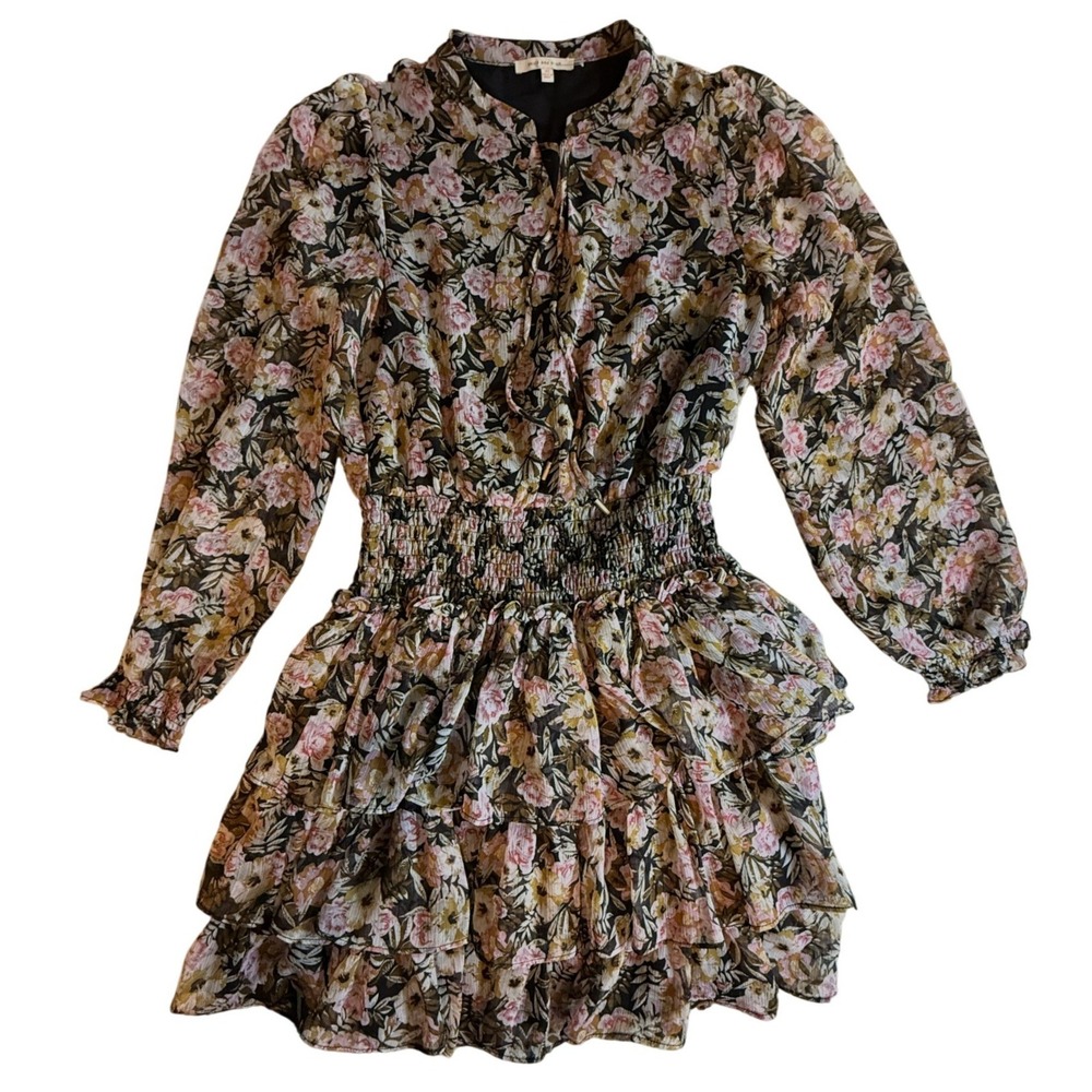 Skies Are Blue Floral Smocked Waist Tiered Ruffle Mini Dress XS Pink Yellow